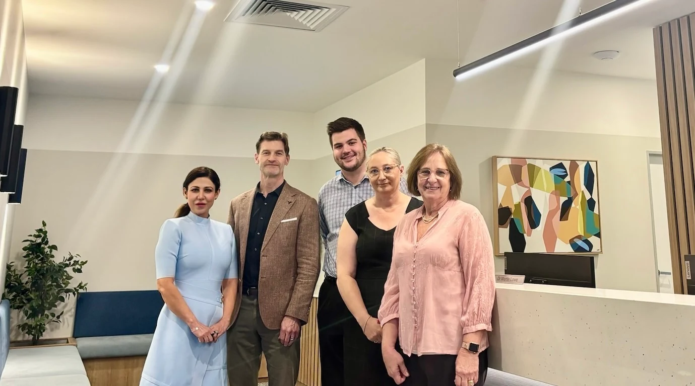 The practice team in reception. Left to right: Sara, Dr David Melsom, Stirling, Selina and Glynis.